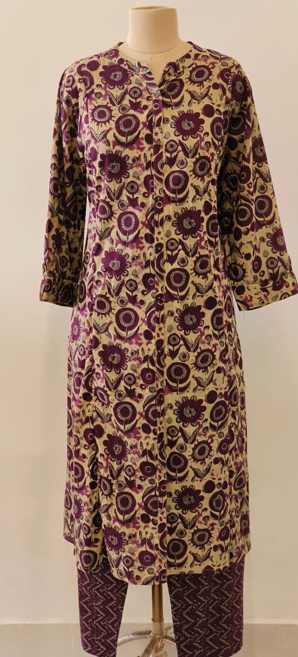 Manderian Collar Floral print Cotton A Line Kurta Pant Set-12186,12185 Dispatching From Monday