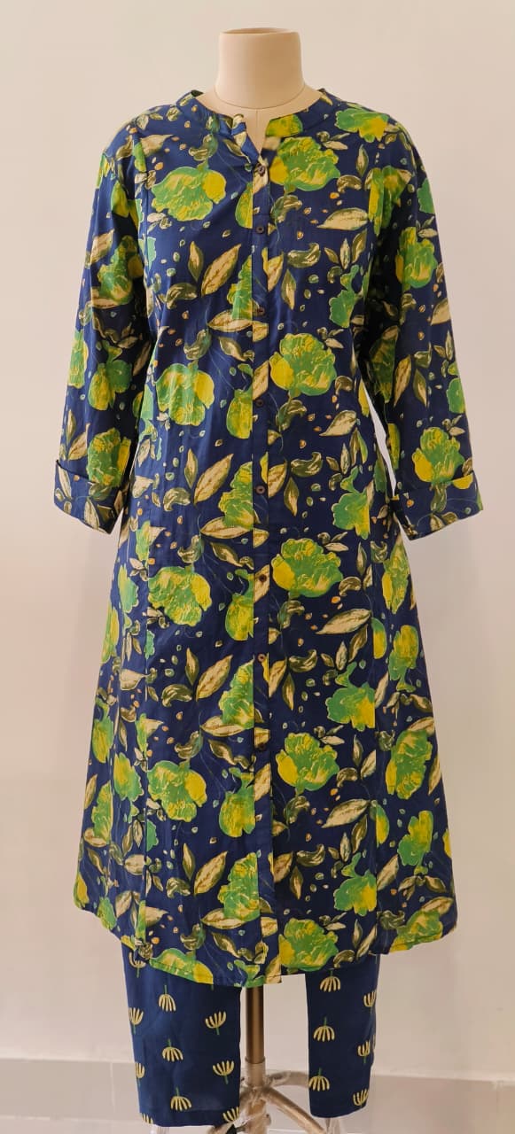 Blue Green Printed Pure Cotton Floral Print Aline Kurta Pant-12184 Dispatching From Monday