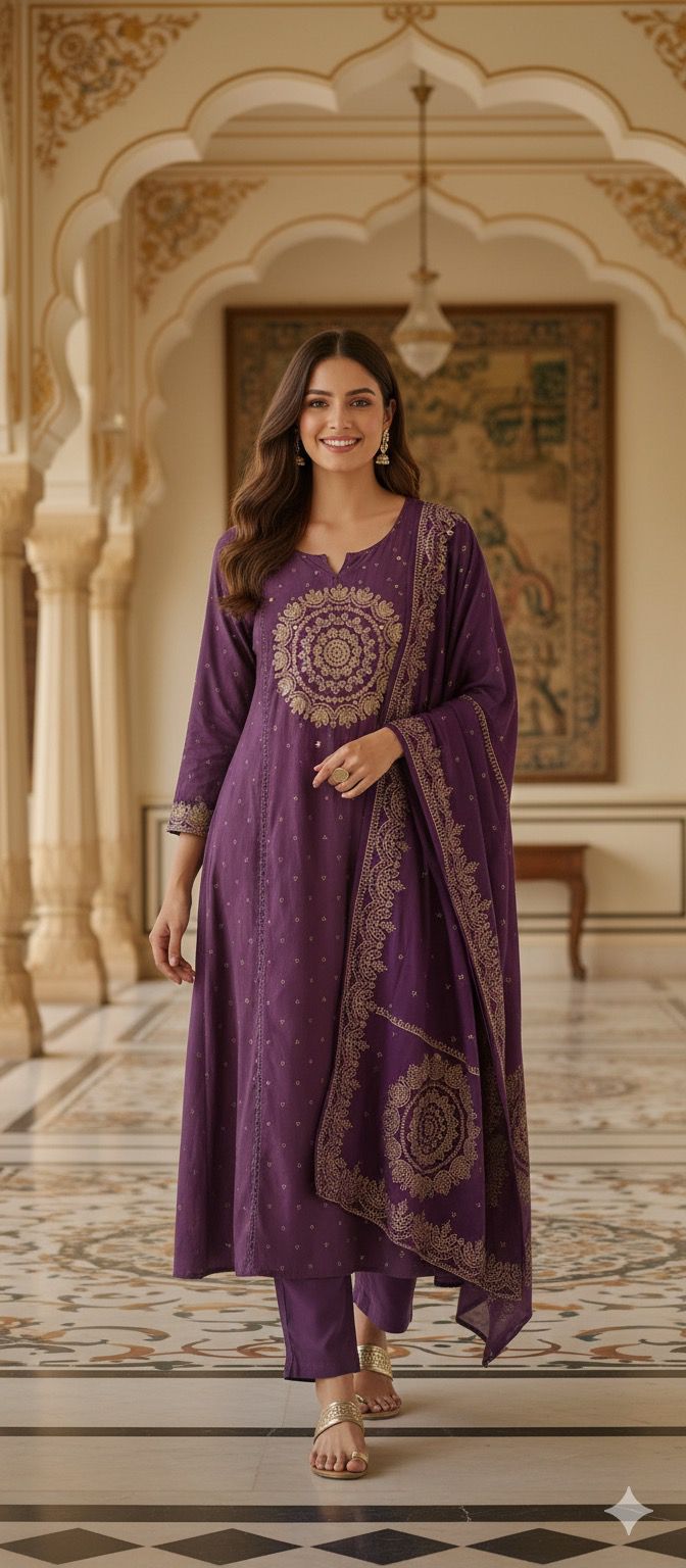 Pure Mull Cotton Full Suit Set with Heavy Golden Thread and Mirror Embroidery Work-12171,12169,12168,12170