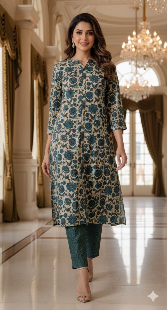 Manderian Collar Floral print Cotton A Line Kurta Pant Set-12186,12185 Dispatching From Monday