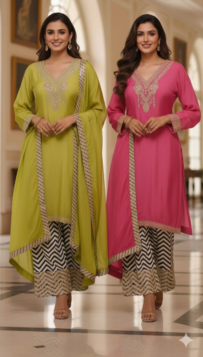 Contemporary Solid Crepe Kurta Suit Set in Vibrant Hues with Printed Farsi Bottom and Dupatta 121114,12115