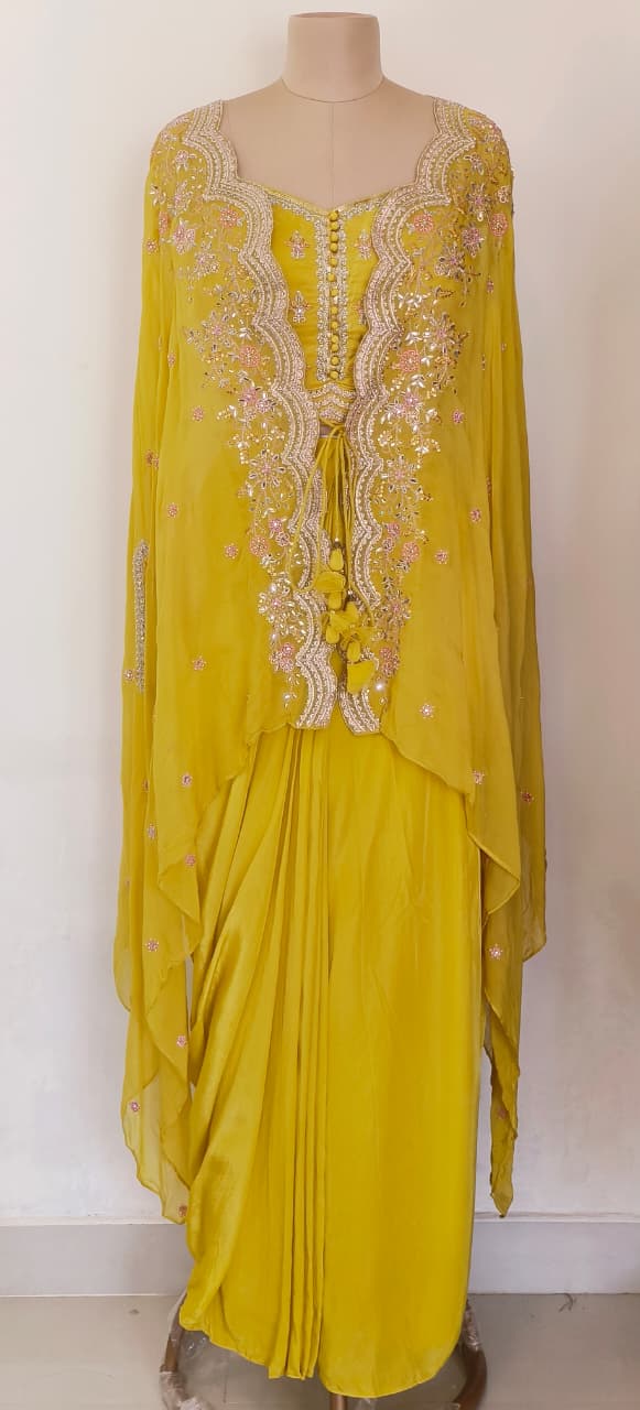 Chic Indo-Fusion Yellow Dhoti Set with Floral Embroidered Overlay Jacket