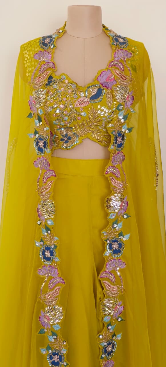 Designer Lime Yellow Indo-Western Crop top With Palazzo And Shrug Style Set with Hand Embroidered