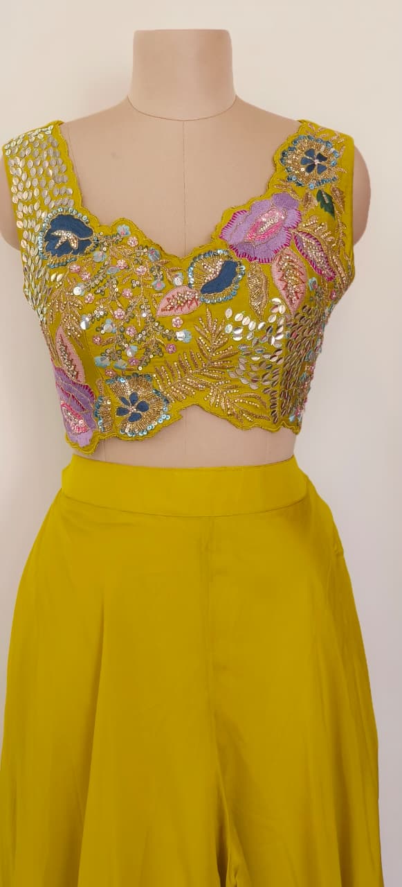 Designer Lime Yellow Indo-Western Crop top With Palazzo And Shrug Style Set with Hand Embroidered