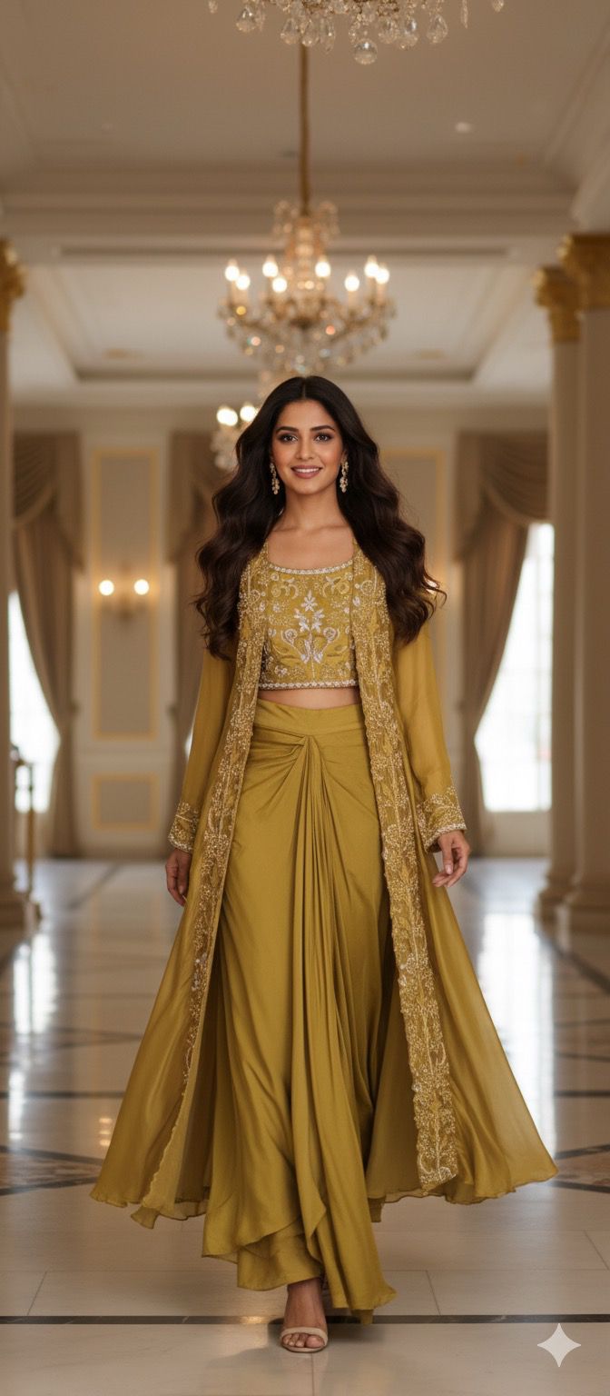 Luxury Olive-Gold Indo-Western Ensemble with Hand Embroidery and Front-Open Long Jacket