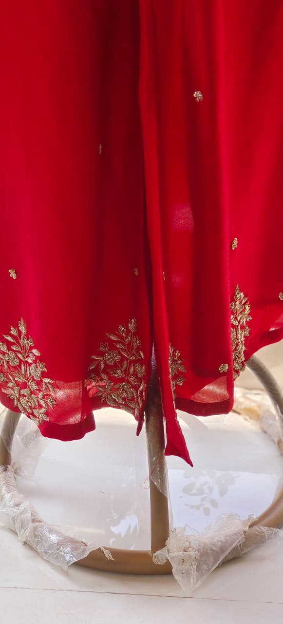 Designer Dola Silk Hand Embroidered Croptop with Busters and Bottom with Jacket