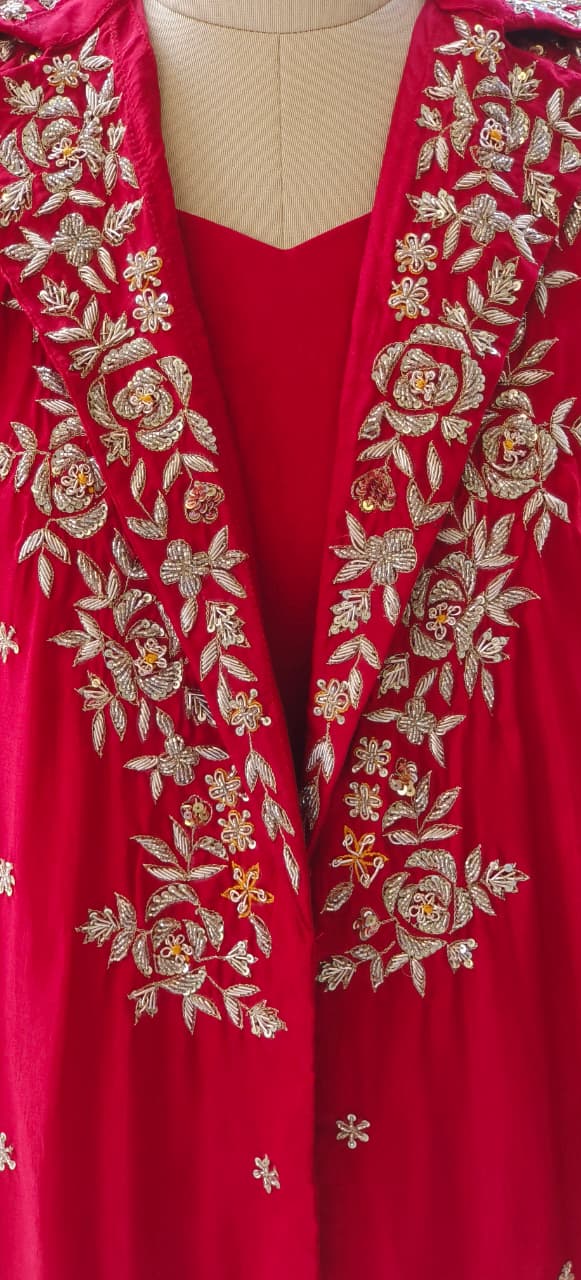 Designer Dola Silk Hand Embroidered Croptop with Busters and Bottom with Jacket