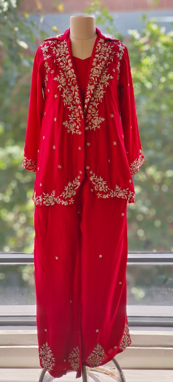 Designer Dola Silk Hand Embroidered Croptop with Busters and Bottom with Jacket