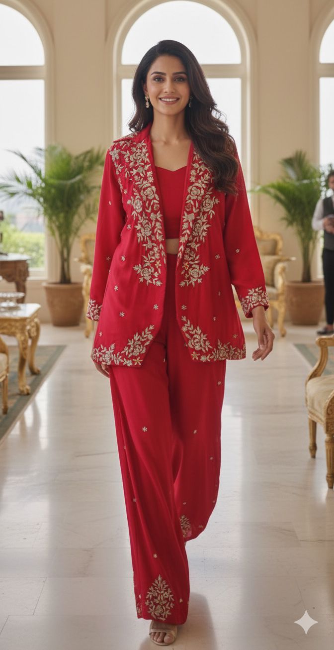 Designer Dola Silk Hand Embroidered Croptop with Busters and Bottom with Jacket