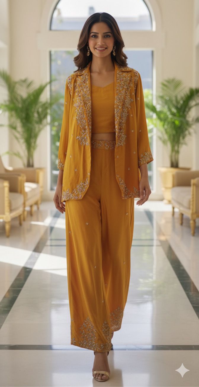 Designer Dola Silk Hand Embroidered Croptop with Busters and Bottom with Jacket