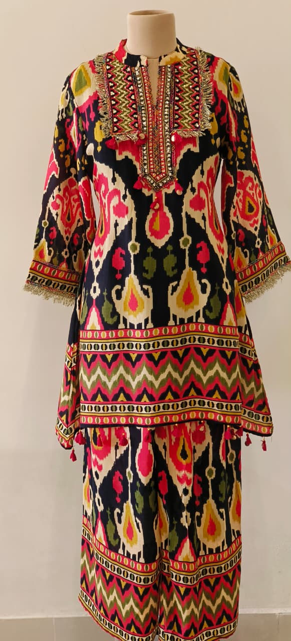 Ikkat Print Hi Low Printed Silk Fabric Cord set