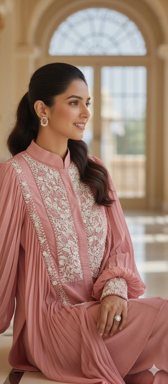 Stylish Chinon Baloon Sleeves  With Silk Fabric Cords