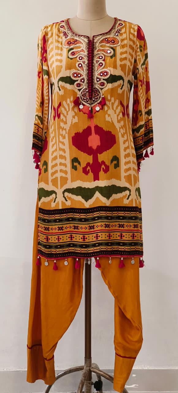 Mustard Ikat Print Crepe Kurta Set with Hand Embroidered Mirror Work Neckline Tassel Detailing With Farsi Salwar-12224