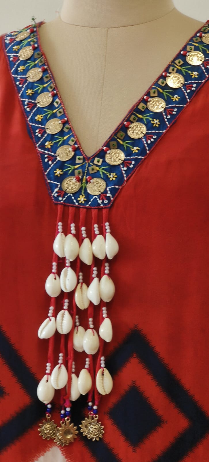 Vibrant Red & Blue Crepe Indo-Western Kurta with Bold Geometric and Floral Print, Pearl Tassel Detailing & Designer Neck Embroidery In Crepe Fabric-12236