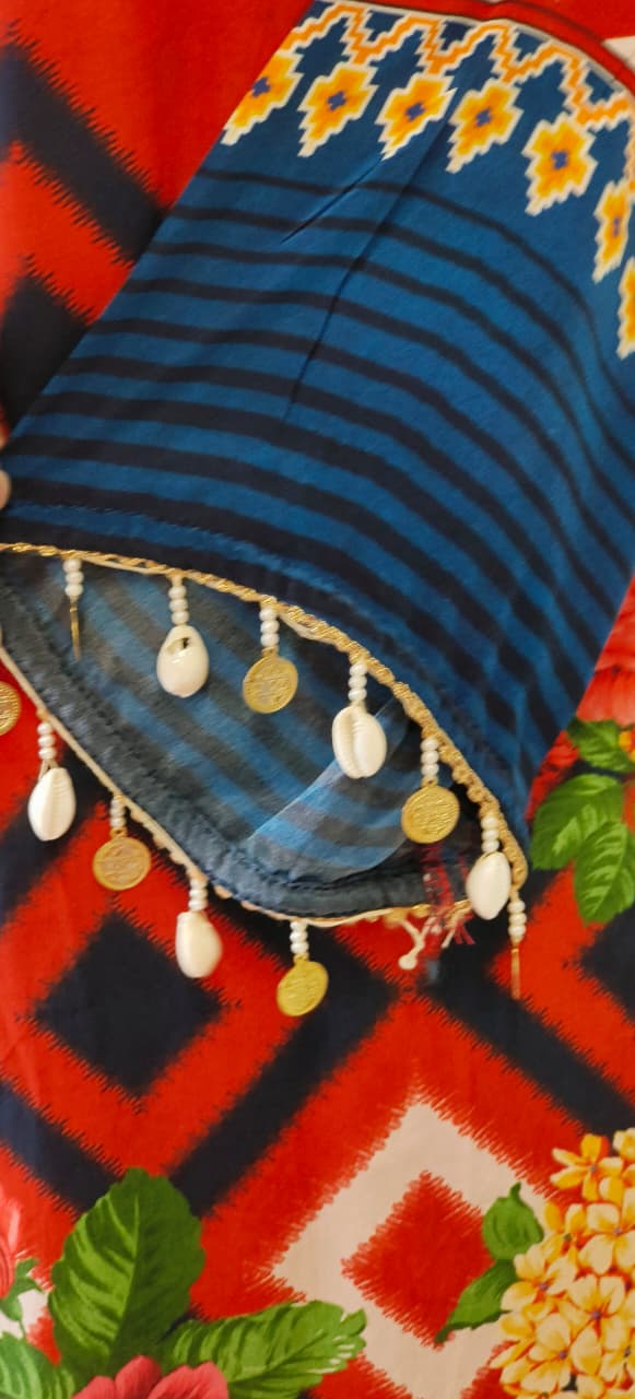 Vibrant Red & Blue Crepe Indo-Western Kurta with Bold Geometric and Floral Print, Pearl Tassel Detailing & Designer Neck Embroidery In Crepe Fabric-12236