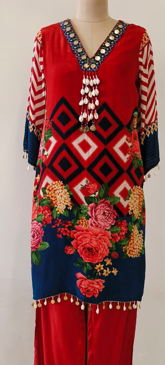 Vibrant Red & Blue Crepe Indo-Western Kurta with Bold Geometric and Floral Print, Pearl Tassel Detailing & Designer Neck Embroidery In Crepe Fabric-12236