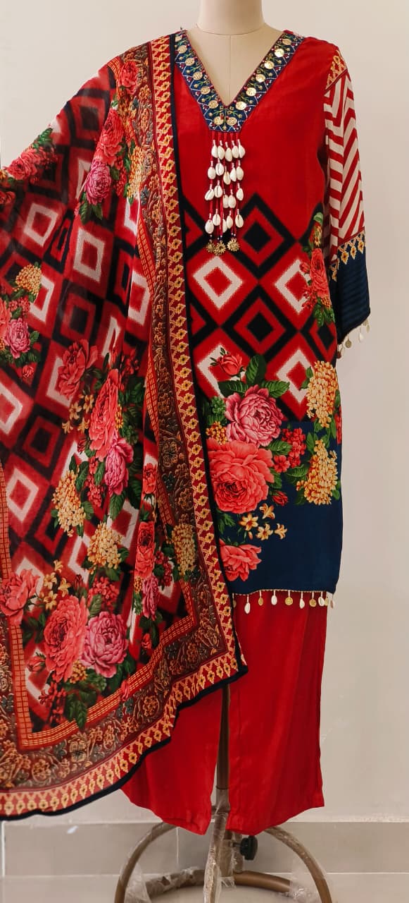 Vibrant Red & Blue Crepe Indo-Western Kurta with Bold Geometric and Floral Print, Pearl Tassel Detailing & Designer Neck Embroidery In Crepe Fabric-12236