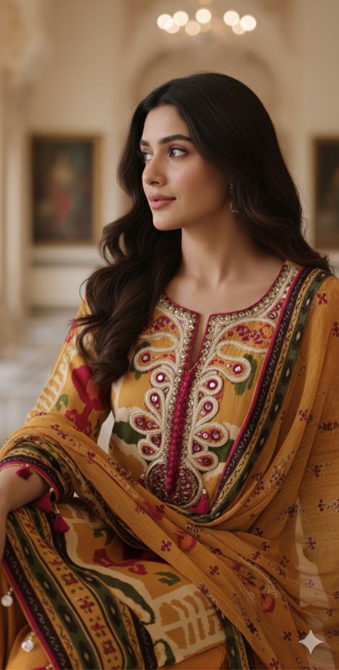 Mustard Ikat Print Crepe Kurta Set with Hand Embroidered Mirror Work Neckline Tassel Detailing-12224