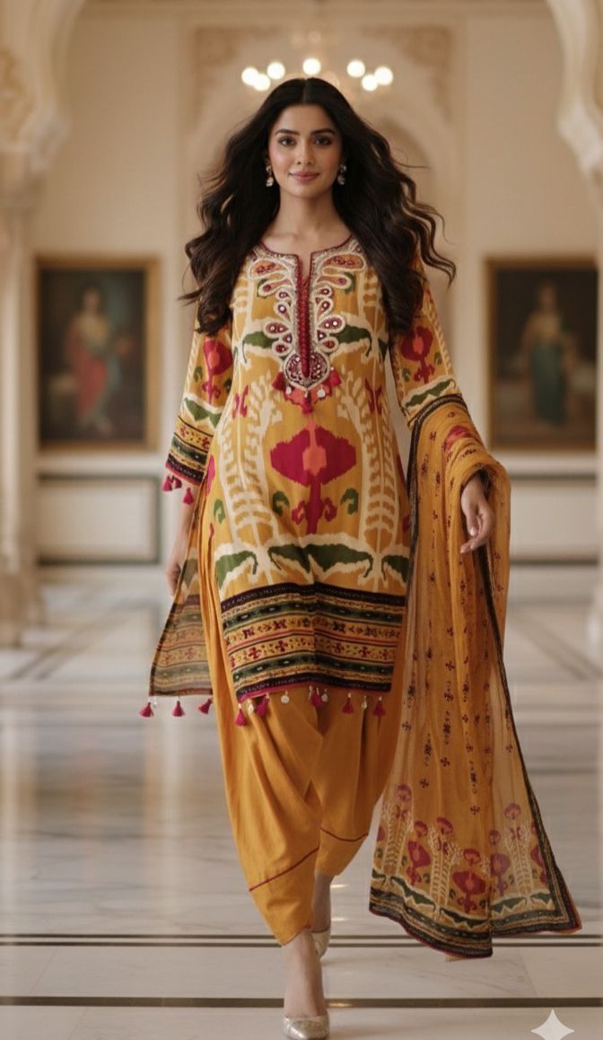 Mustard Ikat Print Crepe Kurta Set with Hand Embroidered Mirror Work Neckline Tassel Detailing With Farsi Salwar-12224