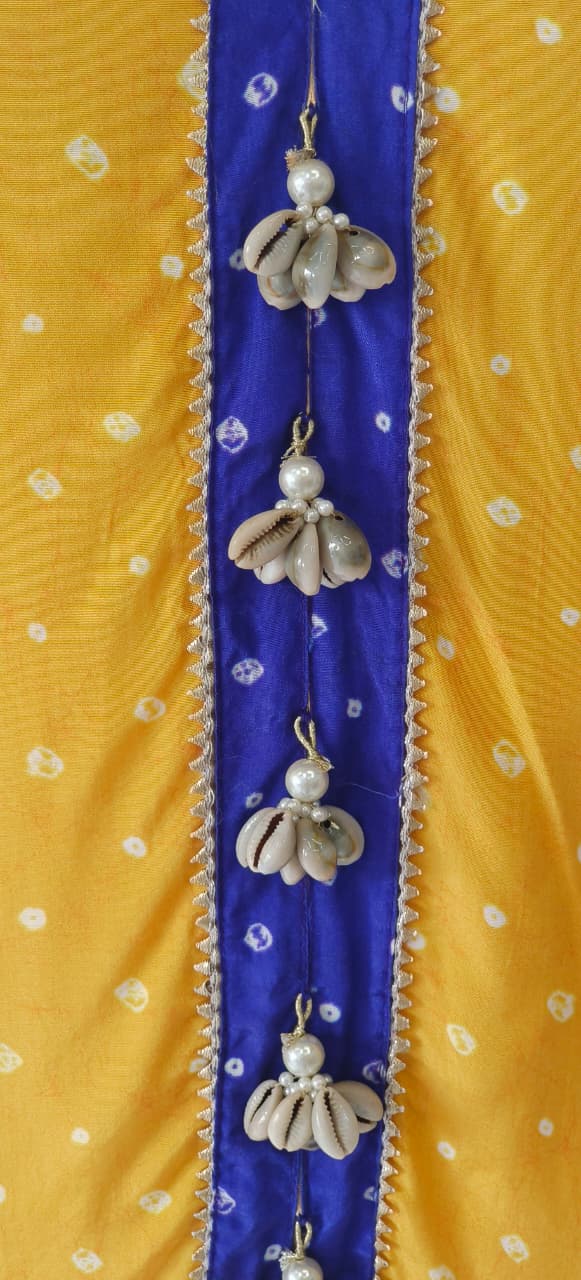 Bandhej High-Low Kurta with Flare Bottom Yellow Placket and Handcrafted Cowrie Shell Tassels-12256,12257