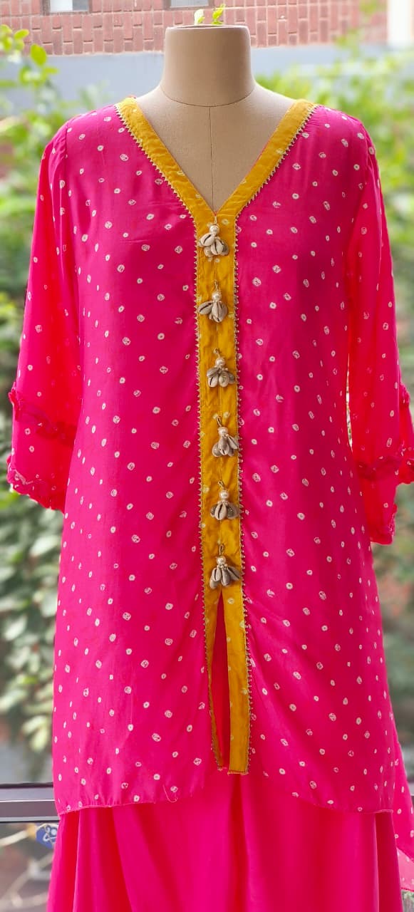 Bandhej High-Low Kurta with Flare Bottom Yellow Placket and Handcrafted Cowrie Shell Tassels-12256,12257
