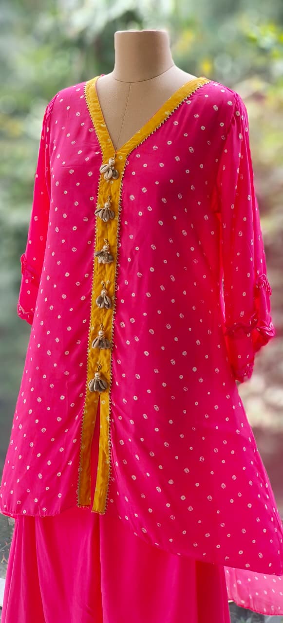 Bandhej High-Low Kurta with Flare Bottom Yellow Placket and Handcrafted Cowrie Shell Tassels-12256,12257