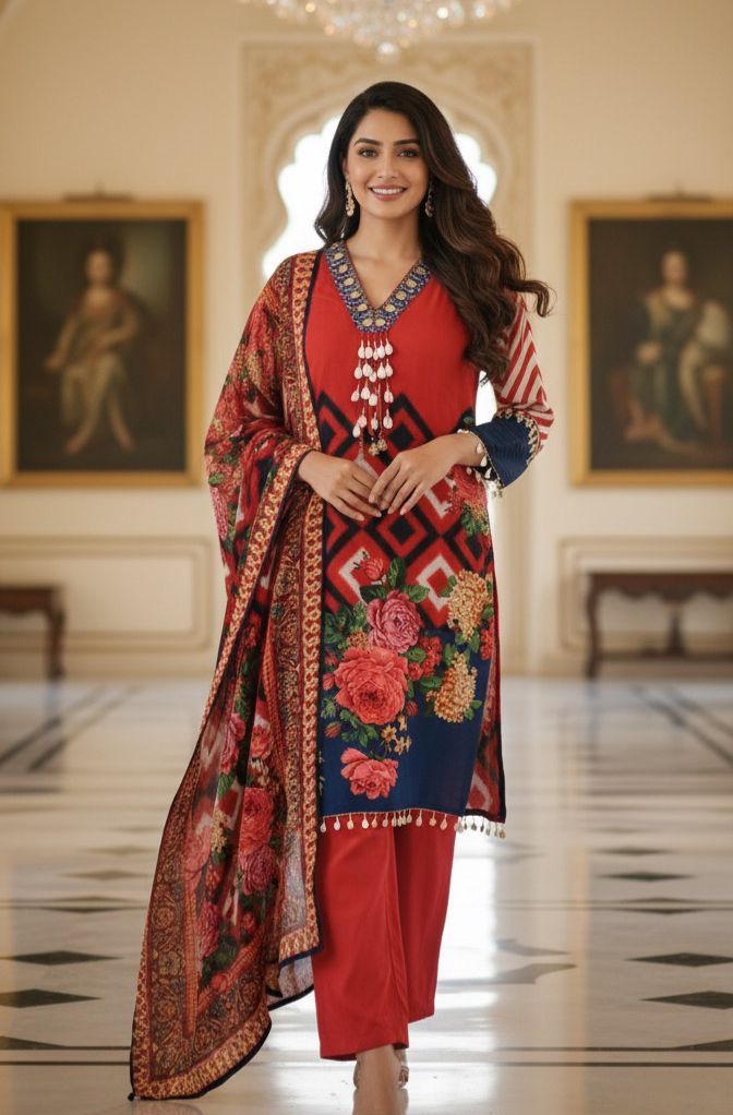 Vibrant Red & Blue Crepe Indo-Western Kurta with Bold Geometric and Floral Print, Pearl Tassel Detailing & Designer Neck Embroidery In Crepe Fabric-12236