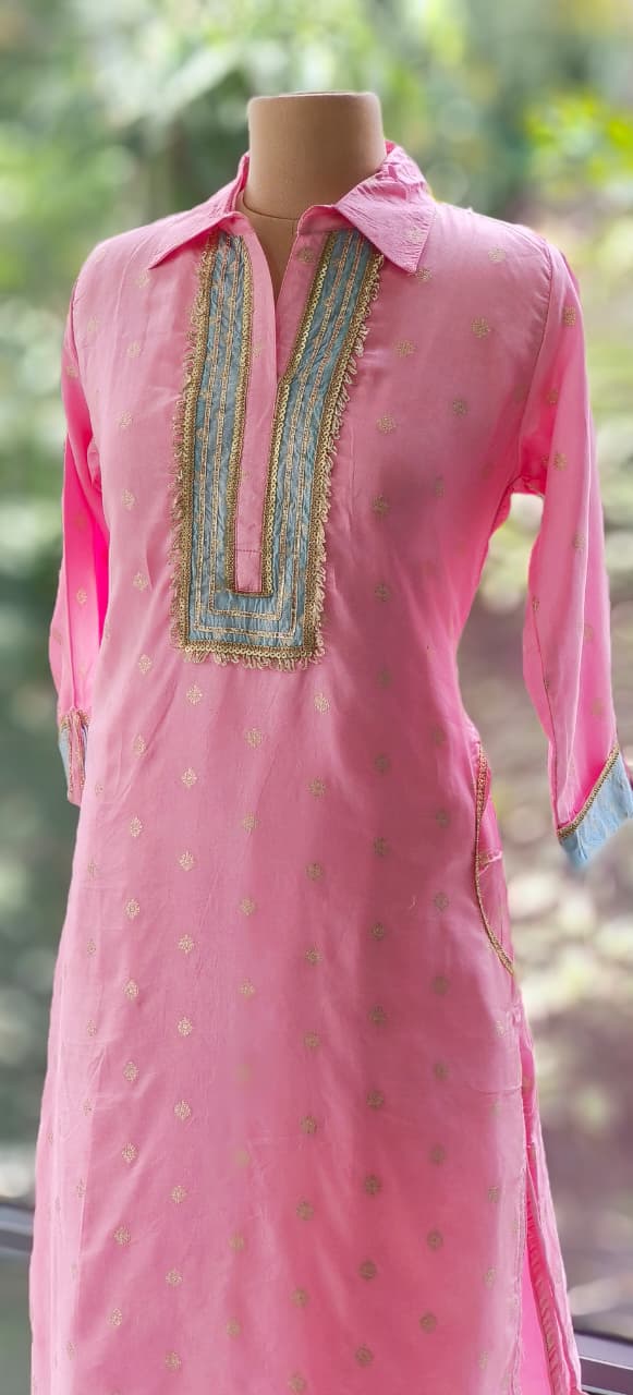 Banarasi Touch Unique Outlined Collared Kurta With Pathani Bottom-12258,12254