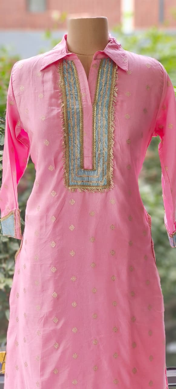 Banarasi Touch Unique Outlined Collared Kurta With Pathani Bottom-12258,12254