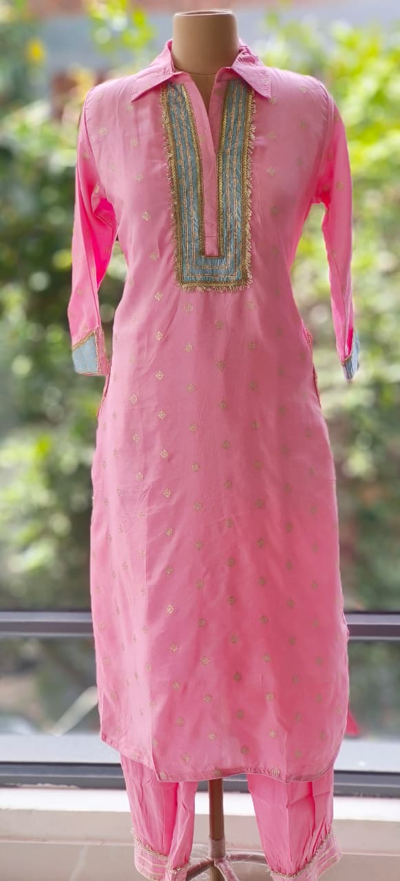 Banarasi Touch Unique Outlined Collared Kurta With Pathani Bottom-12258,12254