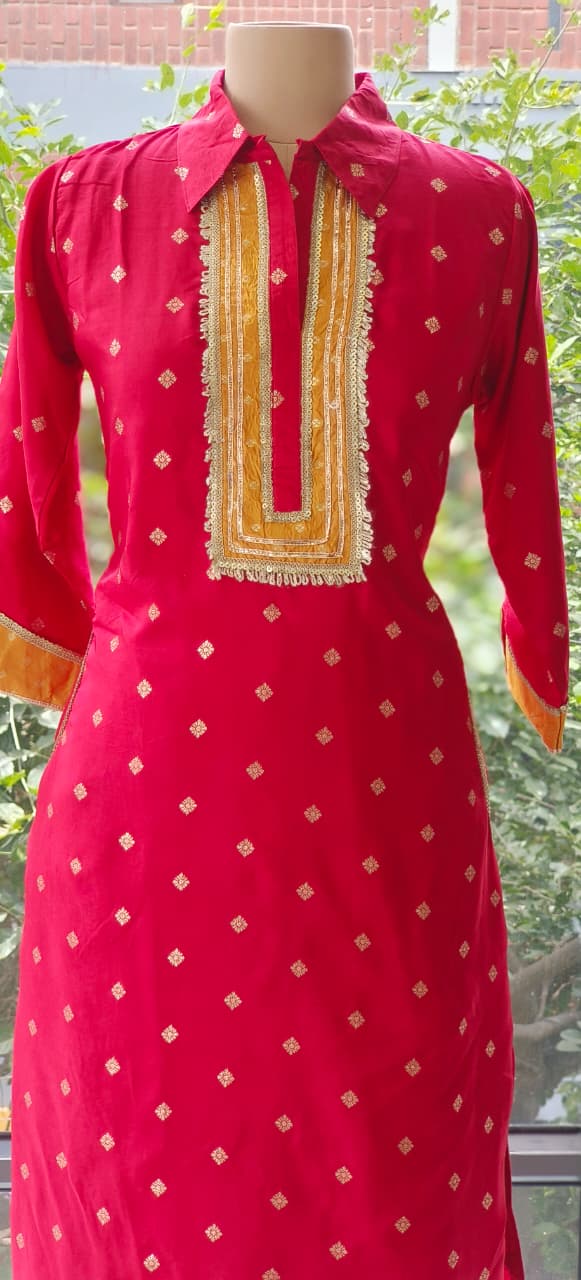 Banarasi Touch Unique Outlined Collared Kurta With Pathani Bottom-12258,12254