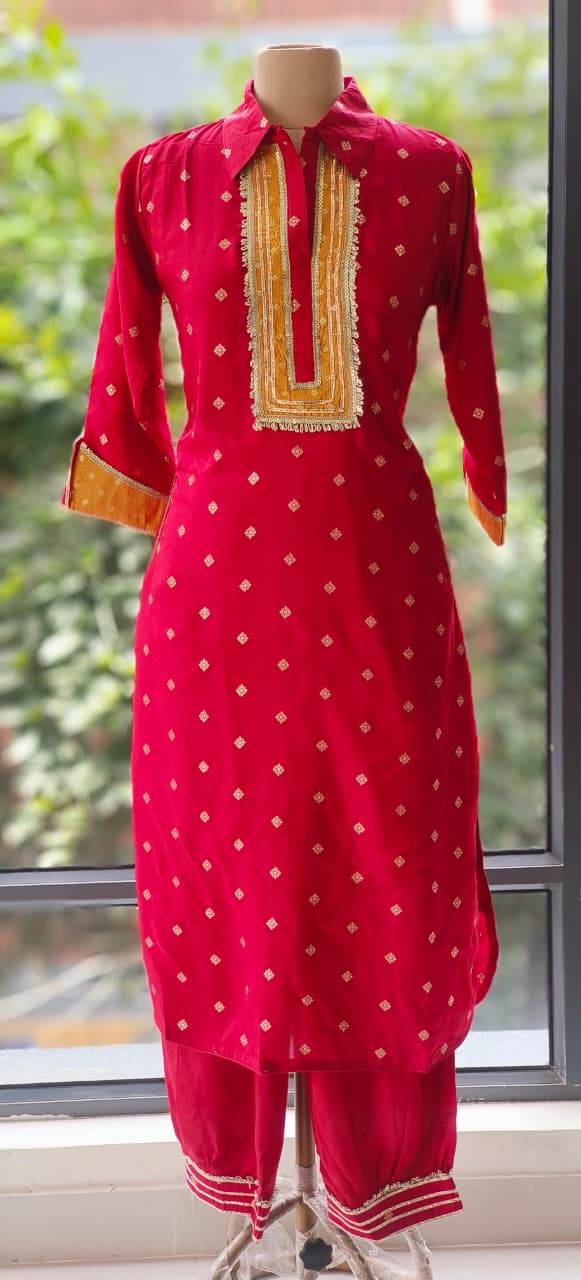 Banarasi Touch Unique Outlined Collared Kurta With Pathani Bottom-12258,12254