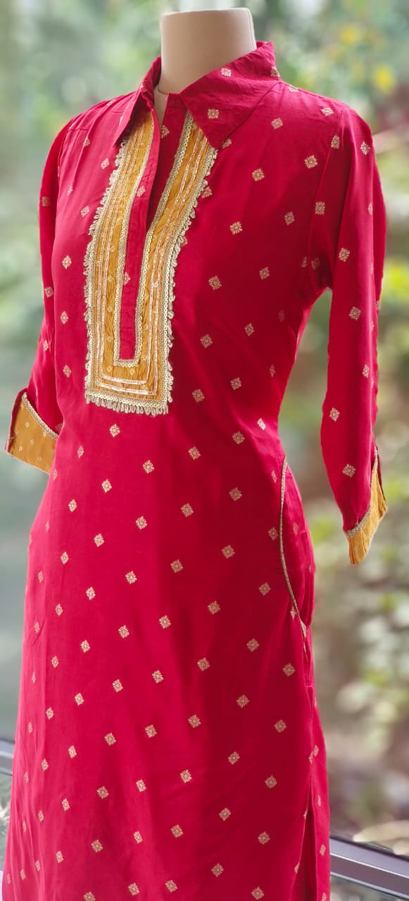 Banarasi Touch Unique Outlined Collared Kurta With Pathani Bottom-12258,12254