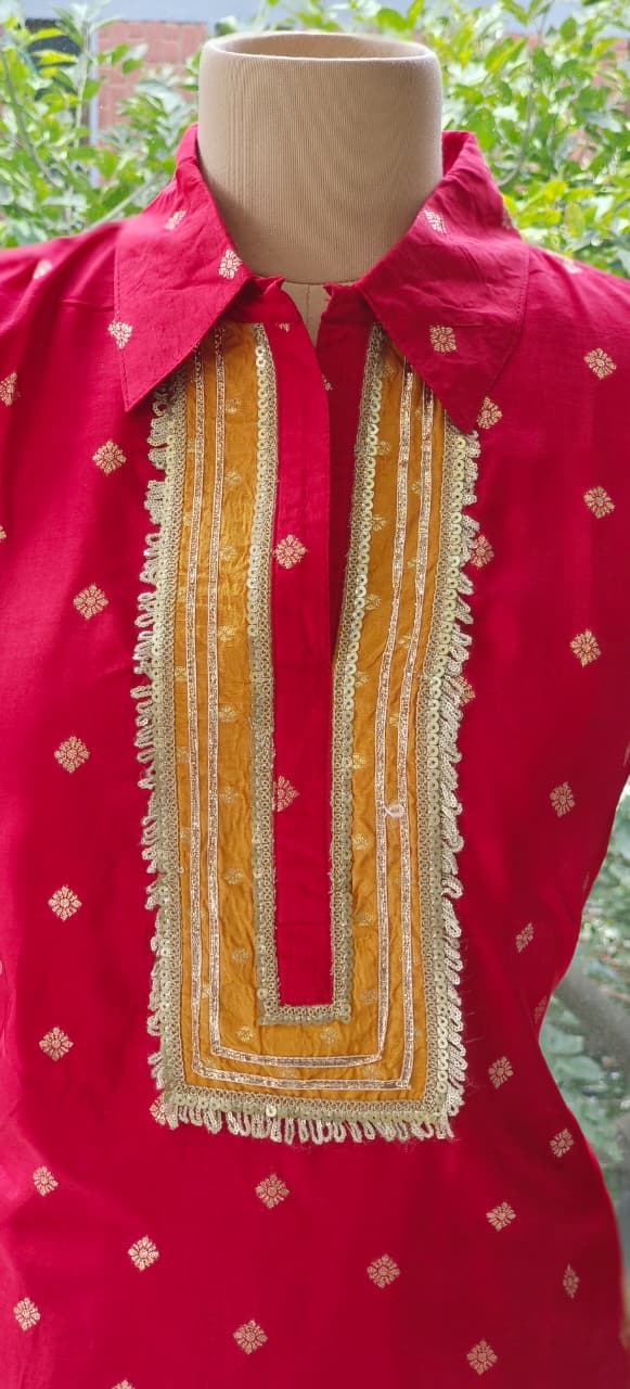 Banarasi Touch Unique Outlined Collared Kurta With Pathani Bottom-12258,12254