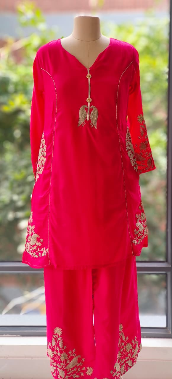 Beautiful Silk Fabric  Embroidered Indo-western Kurta With Loose Bottom Set-12267,12266