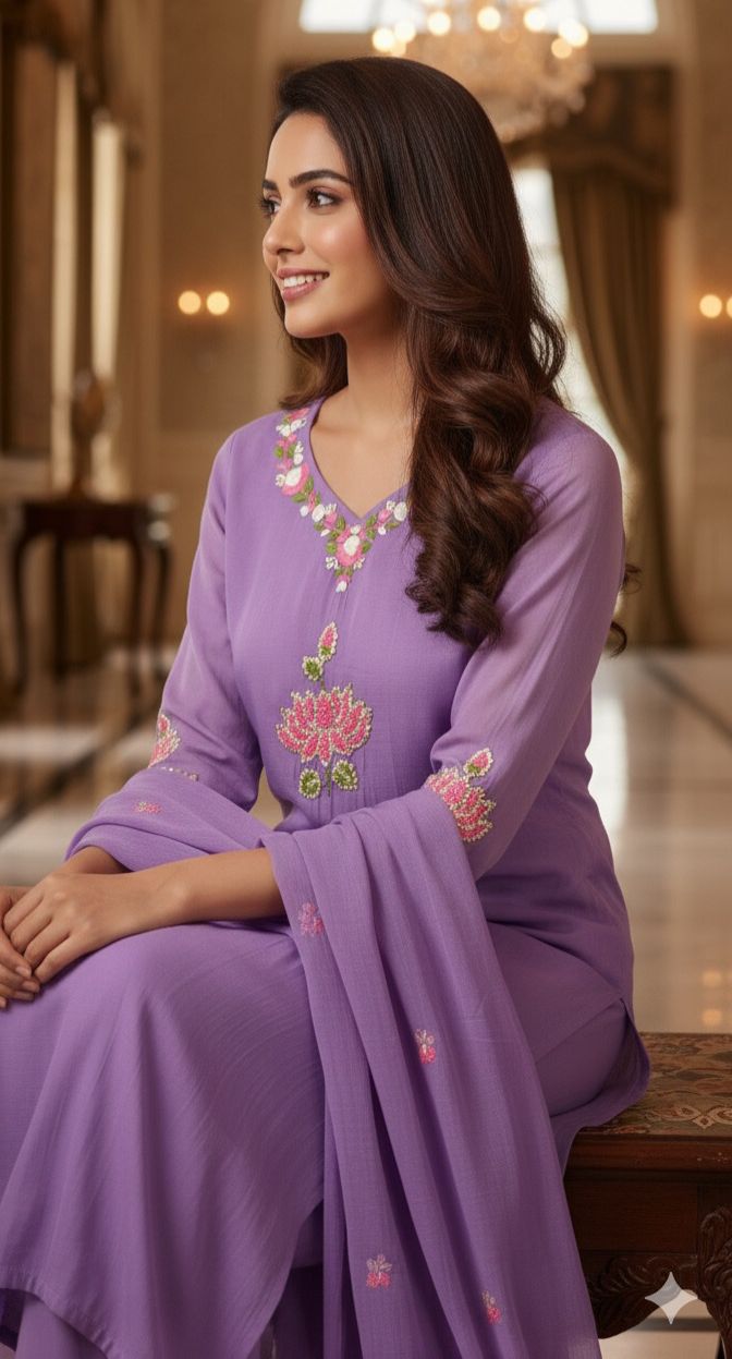 Elegant Surat Mul Chanderi Thread Embroidery Kurta with Pink Floral Detailing-12267