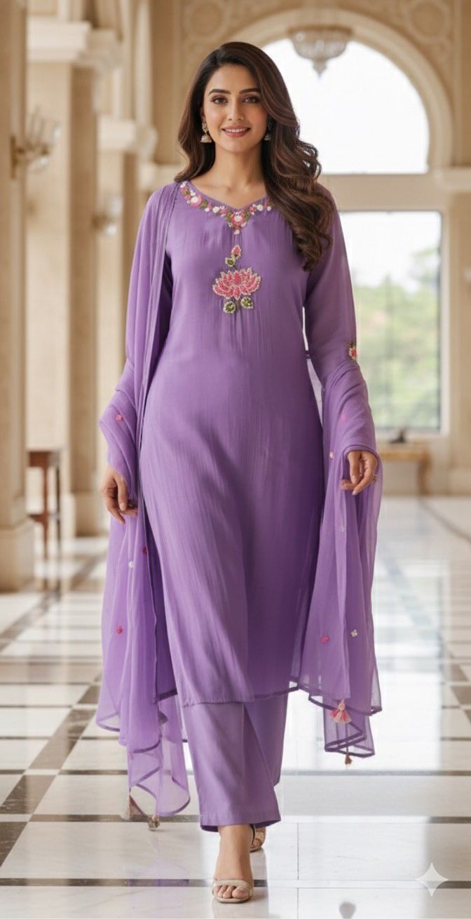 Elegant Surat Mul Chanderi Thread Embroidery Kurta with Pink Floral Detailing-12267