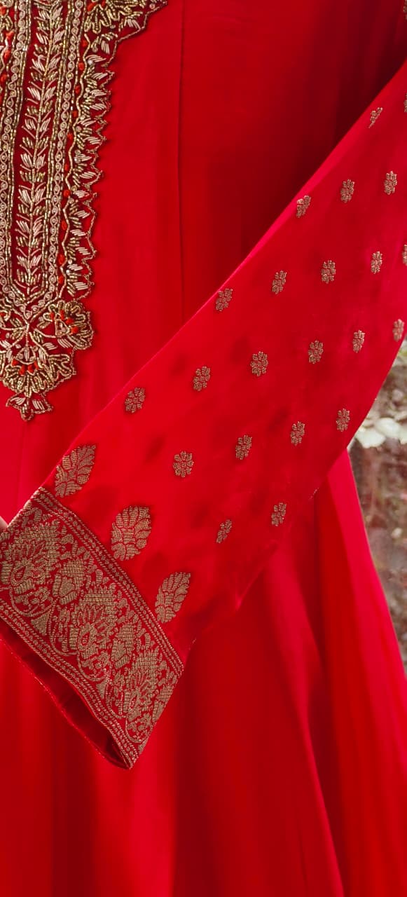 Designer Silk Panel Anarkali Gown with Brocade Detailing and Golden Embroidery Full Suit Set-10904,12274,12273