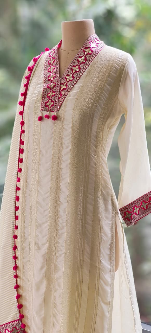 Luxury Pure Silk Cream Suit Set with Intricate Pink Thread Embroidery Pompom Detailed Dupatta-12268