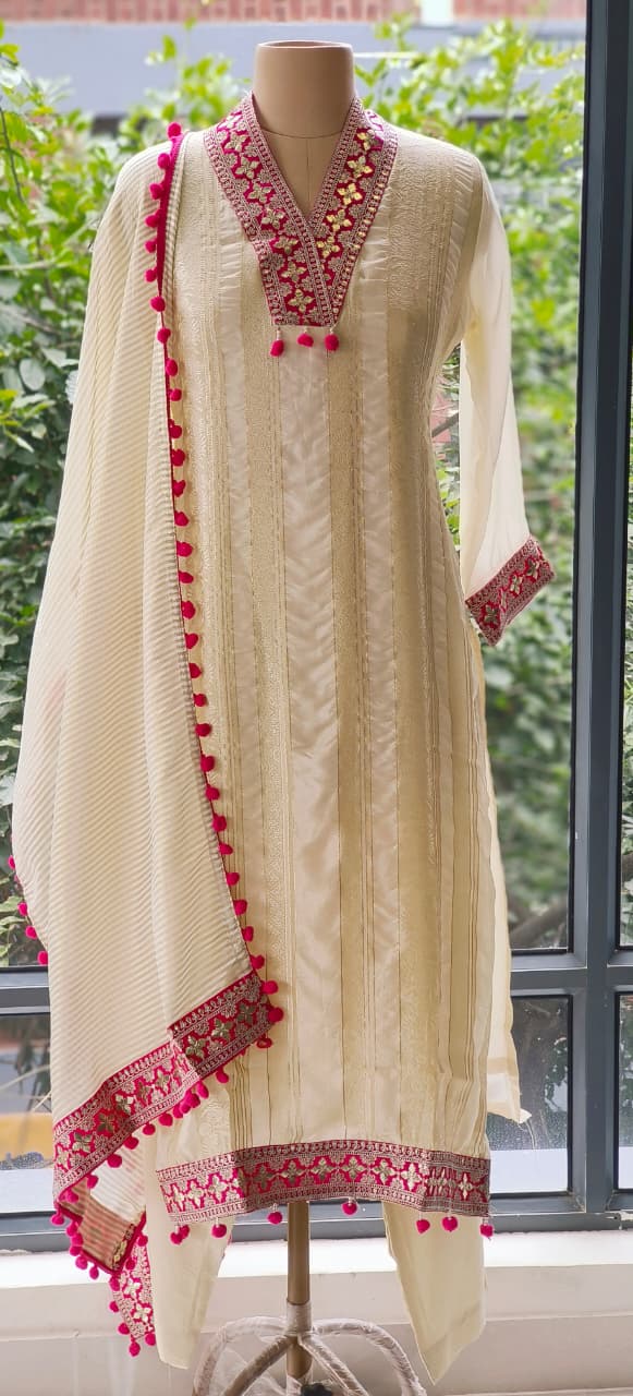 Luxury Pure Silk Cream Suit Set with Intricate Pink Thread Embroidery Pompom Detailed Dupatta-12268