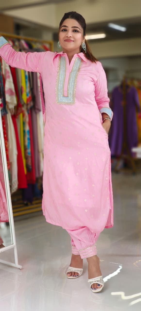Banarasi Touch Unique Outlined Collared Kurta With Pathani Bottom-12258,12254