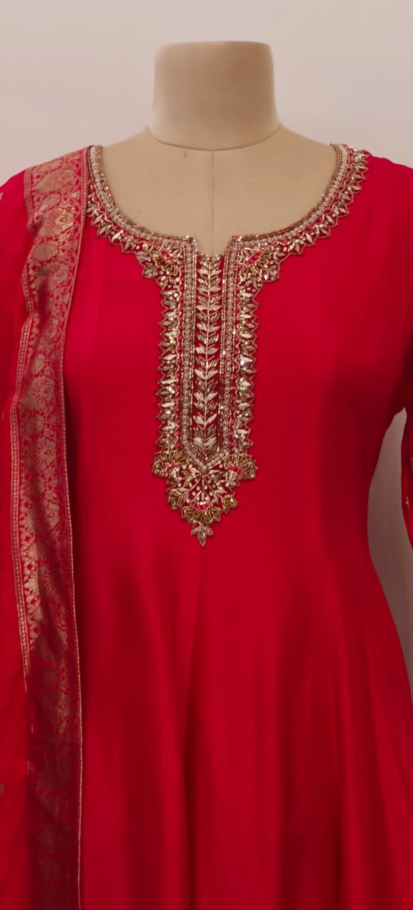 Designer Silk Panel Anarkali Gown with Brocade Detailing and Golden Embroidery Full Suit Set-10904,12274,12273