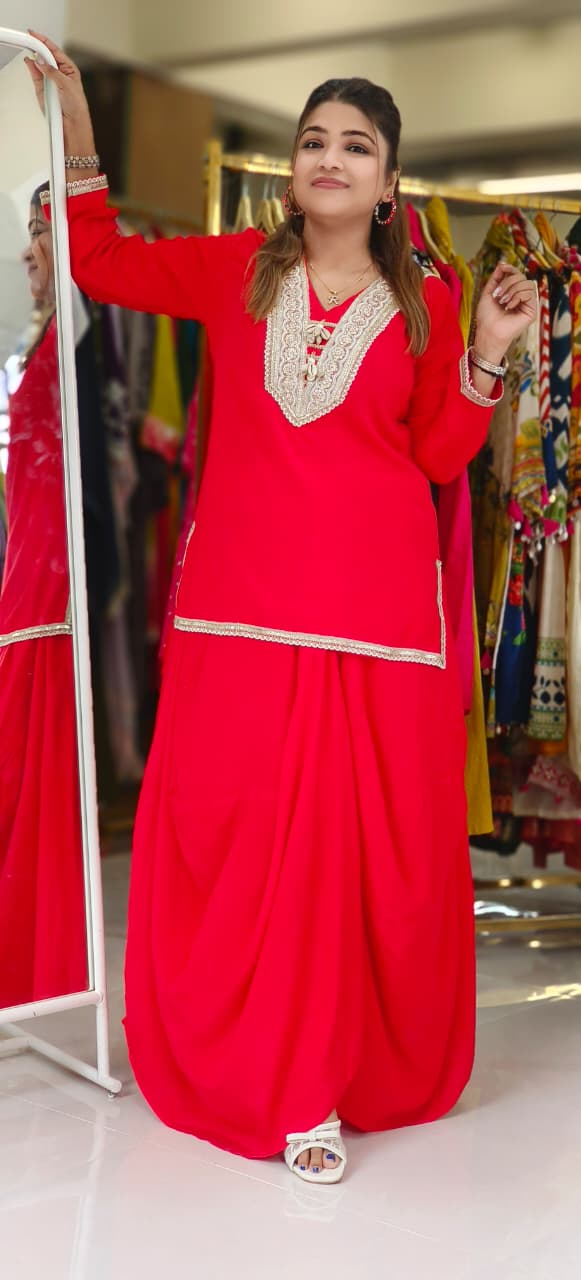 Indo-Western Kurta Set with Golden Gota Lace, V-Neck Embroidery and Handcrafted Cowrie Shell Detailing-12255