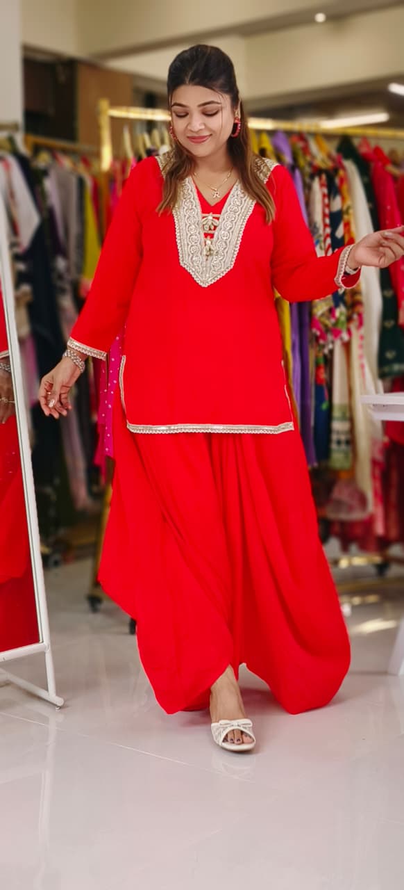 Indo-Western Kurta Set with Golden Gota Lace, V-Neck Embroidery and Handcrafted Cowrie Shell Detailing-12255