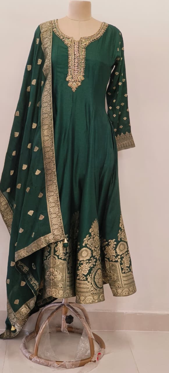 Designer Silk Panel Anarkali Gown with Brocade Detailing and Golden Embroidery Full Suit Set-10904,12274,12273