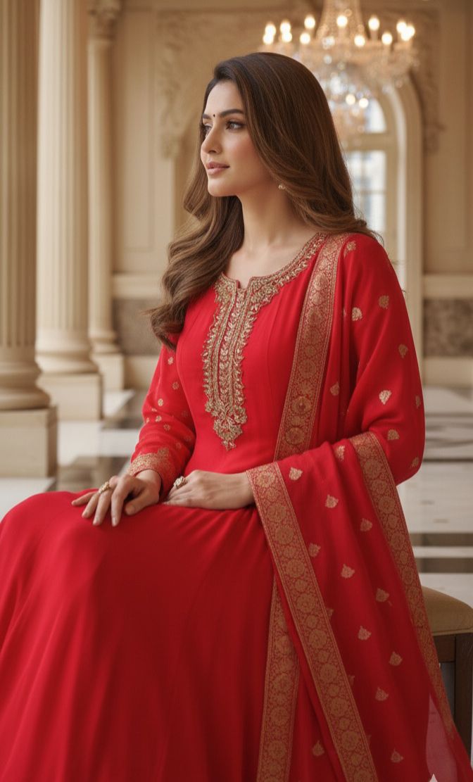 Designer Silk Panel Anarkali Gown with Brocade Detailing and Golden Embroidery Full Suit Set-10904,12274,12273