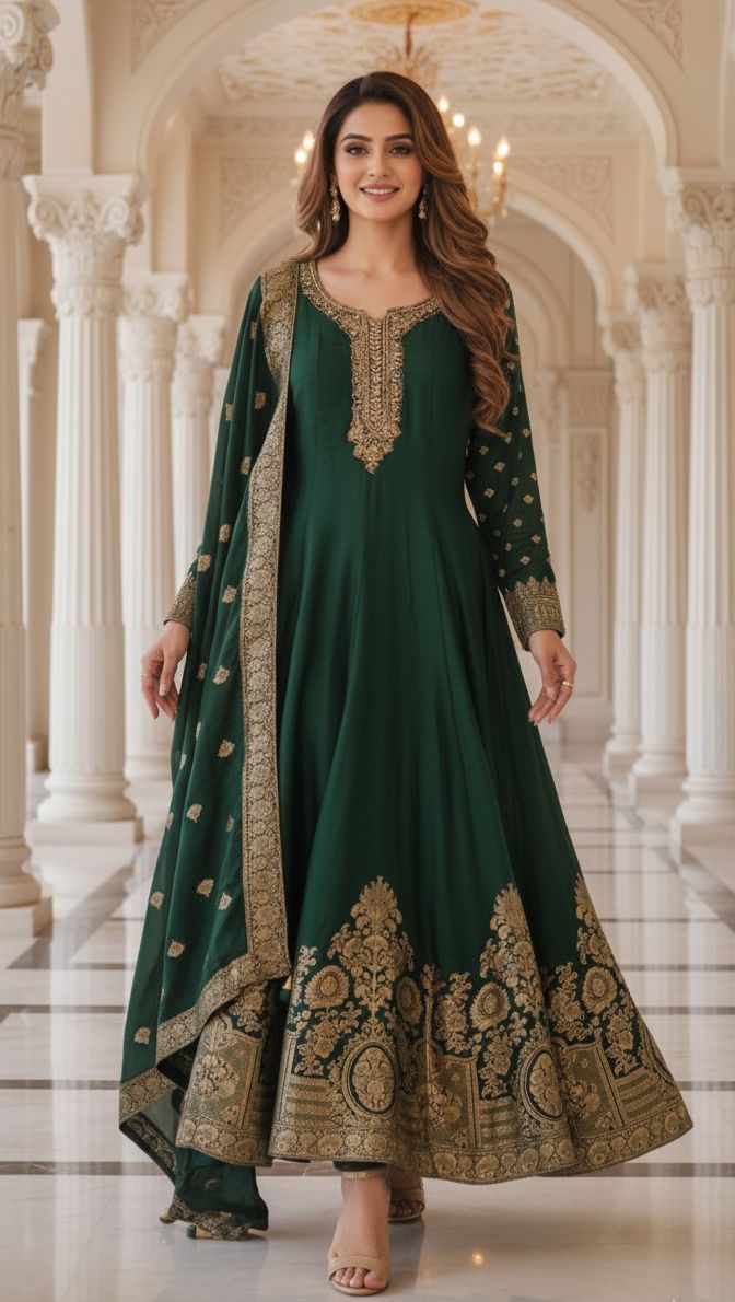 Designer Silk Panel Anarkali Gown with Brocade Detailing and Golden Embroidery Full Suit Set-10904,12274,12273
