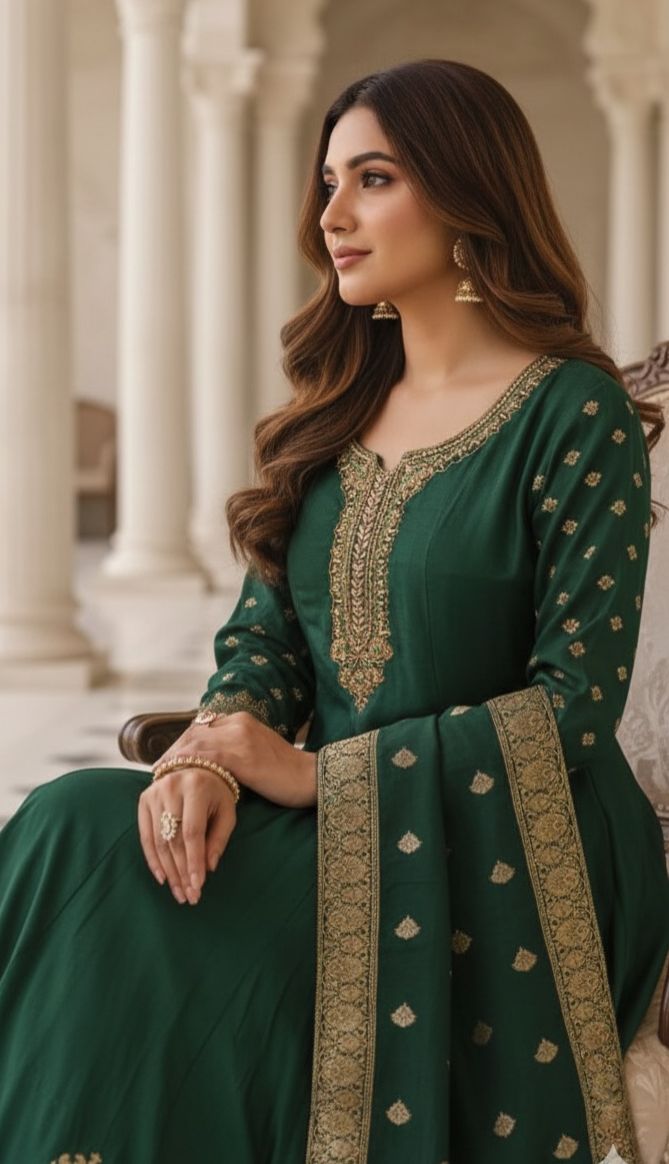 Designer Silk Panel Anarkali Gown with Brocade Detailing and Golden Embroidery Full Suit Set-10904,12274,12273