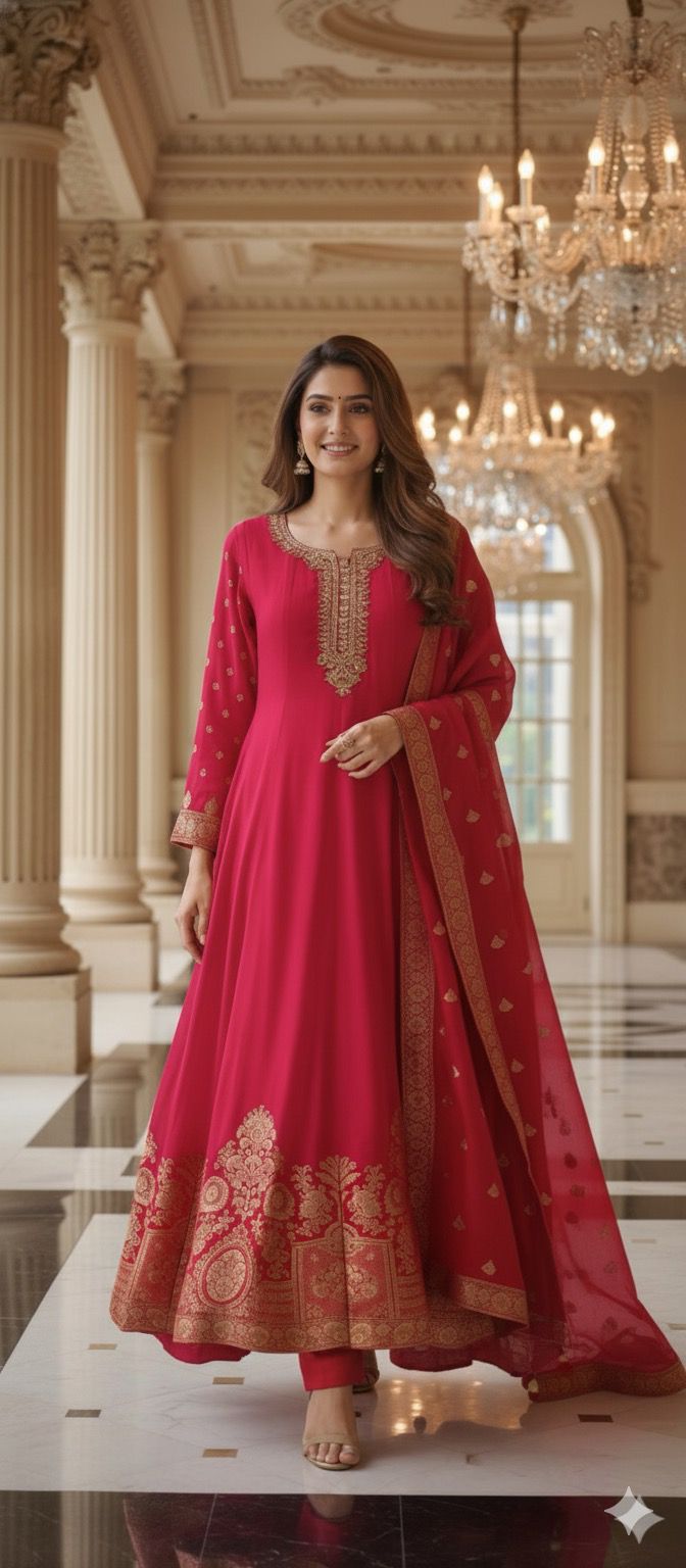 Designer Silk Panel Anarkali Gown with Brocade Detailing and Golden Embroidery Full Suit Set-10904,12274,12273