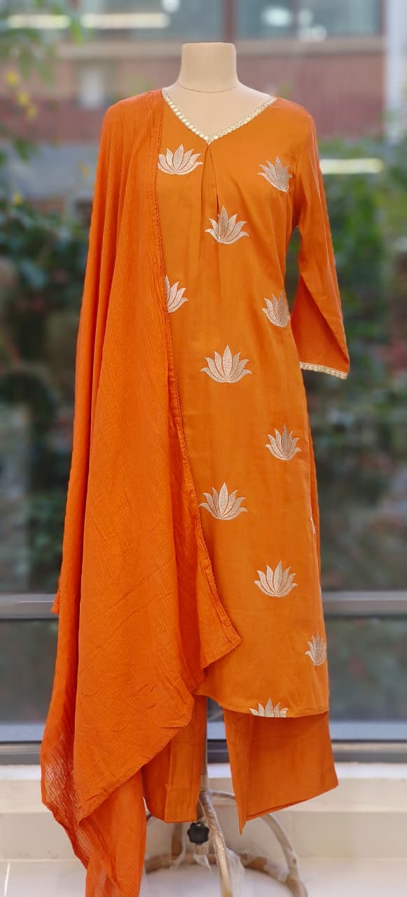 Premium Mall Cotton Kurta Pant Set with Intricate Embroidery and Matching Kota Doria Dupatta-12332,1233